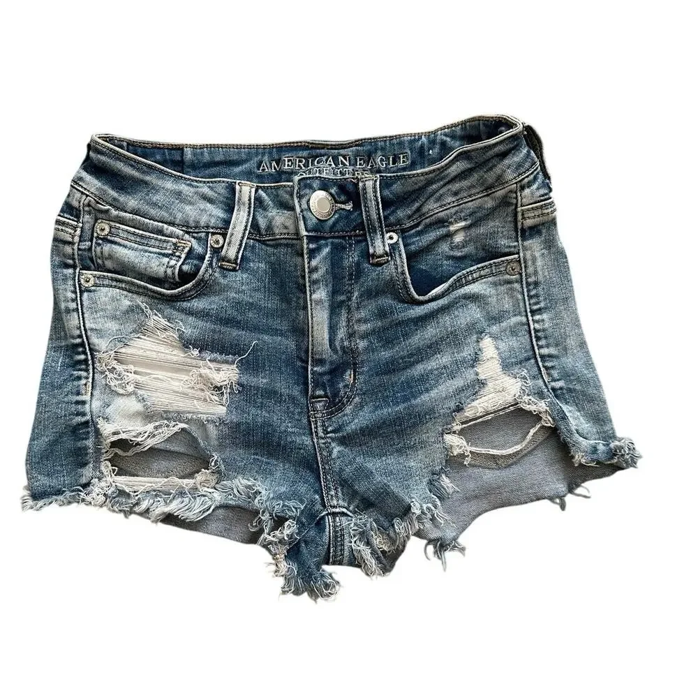 American Eagle‎ Hi-Rise Shortie Distressed Denim Shorts Size 25 Light Wash